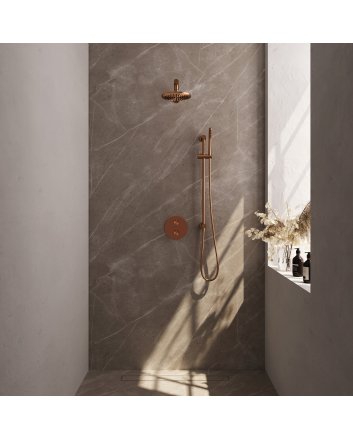 BRAUER Copper Carving thermostatische inbouw regendouche 3-weg rond SET 85 met 20 cm douchekop en rechte muurarm en staaf handdouche en doucheslang en geïntegreerde glijstang koper geborsteld PVD