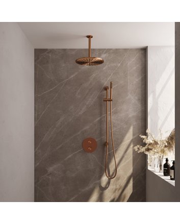 BRAUER Copper Carving thermostatische inbouw regendouche 3-weg rond SET 90 met 30 cm douchekop en plafondarm en staaf handdouche en doucheslang en geïntegreerde glijstang koper geborsteld PVD