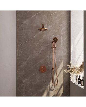 BRAUER Copper Carving thermostatische inbouw regendouche 3-weg rond SET 91 met 20 cm douchekop en rechte muurarm en 3-standen handdouche en doucheslang en geïntegreerde glijstang koper geborsteld PVD
