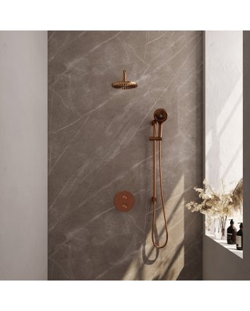 BRAUER Copper Carving thermostatische inbouw regendouche 3-weg rond SET 93 met 20 cm douchekop en gebogen muurarm en 3-standen handdouche en doucheslang en geïntegreerde glijstang koper geborsteld PVD