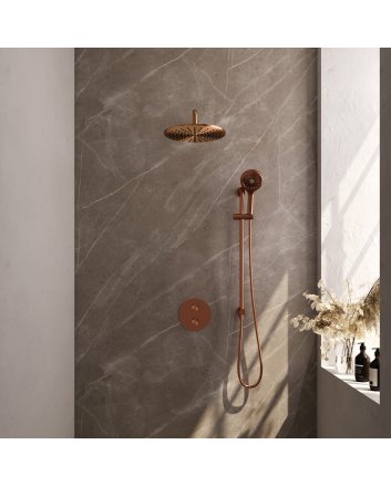 BRAUER Copper Carving thermostatische inbouw regendouche 3-weg rond SET 94 met 30 cm douchekop en gebogen muurarm en 3-standen handdouche en doucheslang en geïntegreerde glijstang koper geborsteld PVD