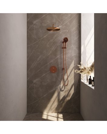 BRAUER Copper Carving thermostatische inbouw regendouche 3-weg rond SET 94 met 30 cm douchekop en gebogen muurarm en 3-standen handdouche en doucheslang en geïntegreerde glijstang koper geborsteld PVD