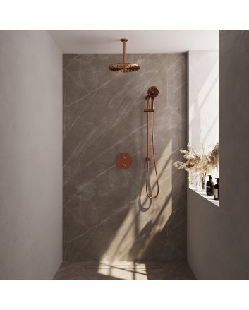 BRAUER Copper Carving thermostatische inbouw regendouche 3-weg rond SET 96 met 30 cm douchekop en plafondarm en 3-standen handdouche en doucheslang en geïntegreerde glijstang koper geborsteld PVD