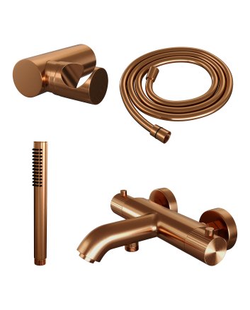 BRAUER Stripe opbouw baddouche thermostaatkraan SET 03 met wandhouder en staaf handdouche en doucheslang koper geborsteld PVD