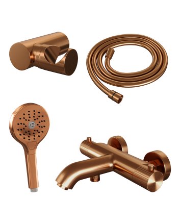 BRAUER Stripe opbouw baddouche thermostaatkraan SET 04 met wandhouder en 3-standen handdouche en doucheslang koper geborsteld PVD