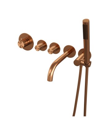 BRAUER Stripe thermostatische inbouw badkraan SET 01 met uitloop en staaf handdouche en doucheslang en wandaansluitbocht koper geborsteld PVD