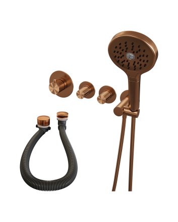BRAUER Stripe thermostatische inbouw badkraan SET 02 met badvulcombinatie en 3-standen handdouche en doucheslang en wandaansluitbocht koper geborsteld PVD