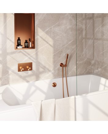 BRAUER Stripe thermostatische inbouw badkraan met drukknoppen SET 03 met badvulcombinatie en staaf handdouche en doucheslang en wandaansluitbocht koper geborsteld PVD