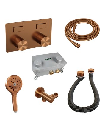 BRAUER Stripe thermostatische inbouw badkraan met drukknoppen SET 04 met badvulcombinatie en 3-standen handdouche en doucheslang en wandaansluitbocht koper geborsteld PVD