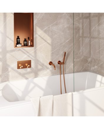 BRAUER Stripe thermostatische inbouw badkraan met drukknoppen SET 03 met uitloop en staaf handdouche en doucheslang en wandaansluitbocht koper geborsteld PVD