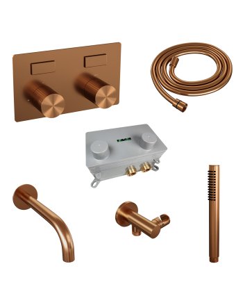 BRAUER Stripe thermostatische inbouw badkraan met drukknoppen SET 03 met uitloop en staaf handdouche en doucheslang en wandaansluitbocht koper geborsteld PVD
