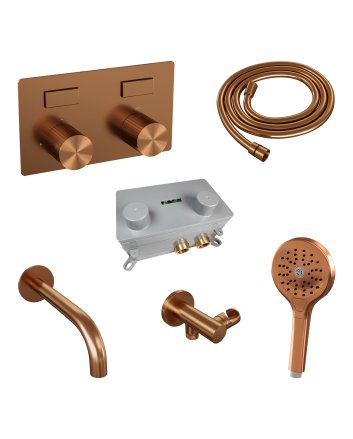 BRAUER Stripe thermostatische inbouw badkraan met drukknoppen SET 04 met uitloop en 3-standen handdouche en doucheslang en wandaansluitbocht koper geborsteld PVD