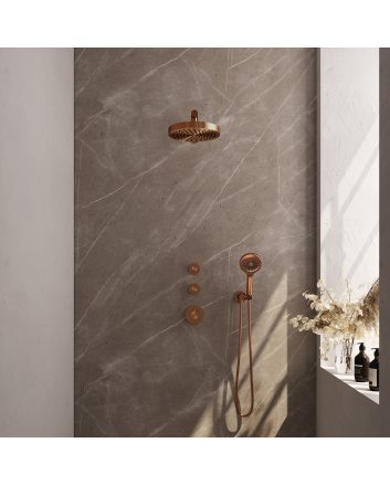 BRAUER Stripe thermostatische inbouw regendouche SET 04 met 25 cm douchekop en rechte muurarm en 3-standen handdouche en doucheslang en wandaansluitbocht koper geborsteld PVD