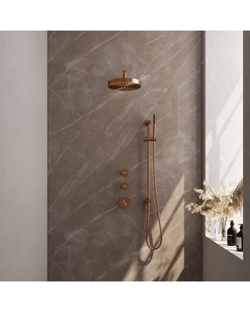 BRAUER Stripe thermostatische inbouw regendouche SET 08 met 25 cm douchekop en gebogen muurarm en staaf handdouche en doucheslang en geïntegreerde glijstang koper geborsteld PVD