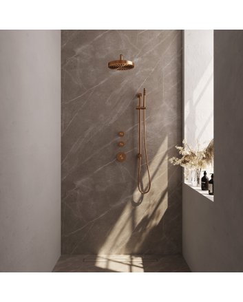 BRAUER Stripe thermostatische inbouw regendouche SET 08 met 25 cm douchekop en gebogen muurarm en staaf handdouche en doucheslang en geïntegreerde glijstang koper geborsteld PVD