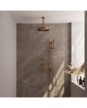 BRAUER Stripe thermostatische inbouw regendouche SET 09 met 25 cm douchekop en plafondarm en staaf handdouche en doucheslang en geïntegreerde glijstang koper geborsteld PVD