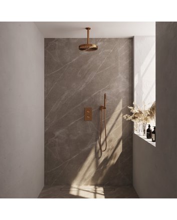 BRAUER Stripe thermostatische inbouw regendouche 3-weg rechthoekig SET 15 met 25 cm douchekop en plafondarm en staaf handdouche en doucheslang en wandaansluitbocht koper geborsteld PVD