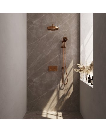 BRAUER Stripe thermostatische inbouw regendouche met drukknoppen SET 35 met 25 cm douchekop en gebogen muurarm en 3-standen handdouche en doucheslang en geïntegreerde glijstang koper geborsteld PVD