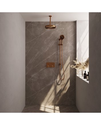 BRAUER Stripe thermostatische inbouw regendouche met drukknoppen SET 36 met 25 cm douchekop en plafondarm en 3-standen handdouche en doucheslang en geïntegreerde glijstang koper geborsteld PVD