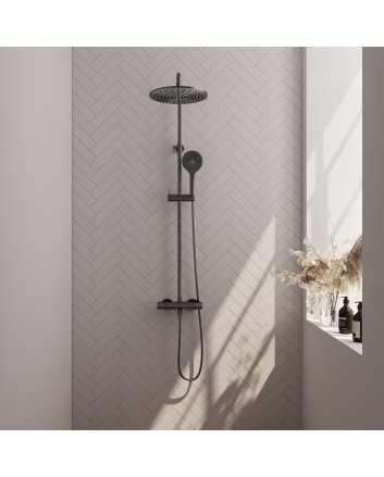 BRAUER Gunmetal Carving opbouw thermostatische regendouche SET 04 met 30 cm hoofddouche en 3-standen handdouche en doucheslang gunmetal geborsteld PVD