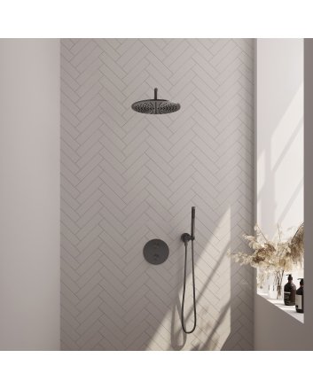 BRAUER Gunmetal Edition thermostatische inbouw regendouche 3-weg rond SET 76 met 30 cm douchekop en gebogen muurarm en staaf handdouche en doucheslang en wandaansluitbocht gunmetal geborsteld PVD