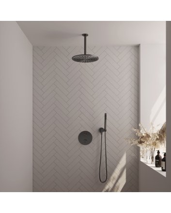 BRAUER Gunmetal Edition thermostatische inbouw regendouche 3-weg rond SET 78 met 30 cm douchekop en plafondarm en staaf handdouche en doucheslang en wandaansluitbocht gunmetal geborsteld PVD
