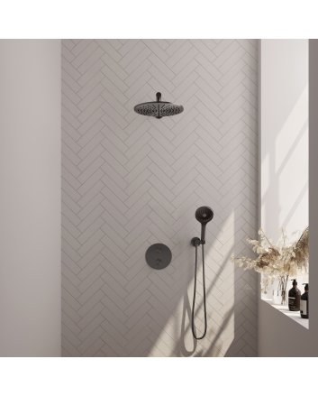BRAUER Gunmetal Edition thermostatische inbouw regendouche 3-weg rond SET 80 met 30 cm douchekop en rechte muurarm en 3-standen handdouche en doucheslang en wandaansluitbocht gunmetal geborsteld PVD