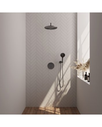 BRAUER Gunmetal Edition thermostatische inbouw regendouche 3-weg rond SET 82 met 30 cm douchekop en gebogen muurarm en 3-standen handdouche en doucheslang en wandaansluitbocht gunmetal geborsteld PVD