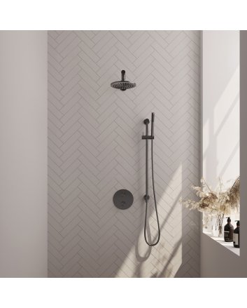 BRAUER Gunmetal Edition thermostatische inbouw regendouche 3-weg rond SET 85 met 20 cm douchekop en rechte muurarm en staaf handdouche en doucheslang en geïntegreerde glijstang gunmetal geborsteld PVD