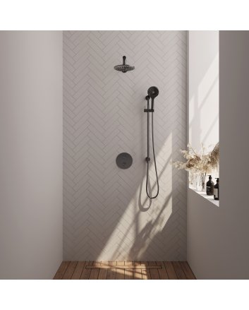 BRAUER Gunmetal Edition thermostatische inbouw regendouche 3-weg rond SET 91 met 20 cm douchekop en rechte muurarm en 3-standen handdouche en doucheslang en geïntegreerde glijstang gunmetal geborsteld PVD