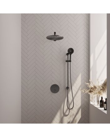 BRAUER Gunmetal Edition thermostatische inbouw regendouche 3-weg rond SET 92 met 30 cm douchekop en rechte muurarm en 3-standen handdouche en doucheslang en geïntegreerde glijstang gunmetal geborsteld PVD