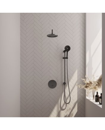 BRAUER Gunmetal Edition thermostatische inbouw regendouche 3-weg rond SET 93 met 20 cm douchekop en gebogen muurarm en 3-standen handdouche en doucheslang en geïntegreerde glijstang gunmetal geborsteld PVD