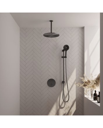 BRAUER Gunmetal Edition thermostatische inbouw regendouche 3-weg rond SET 96 met 30 cm douchekop en plafondarm en 3-standen handdouche en doucheslang en geïntegreerde glijstang gunmetal geborsteld PVD