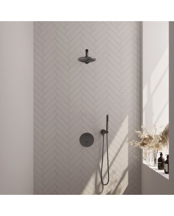 BRAUER Gunmetal Carving thermostatische inbouw regendouche 3-weg rond SET 73 met 20 cm douchekop en rechte muurarm en staaf handdouche en doucheslang en wandaansluitbocht gunmetal geborsteld PVD