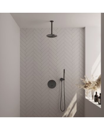 BRAUER Gunmetal Carving thermostatische inbouw regendouche 3-weg rond SET 77 met 20 cm douchekop en plafondarm en staaf handdouche en doucheslang en wandaansluitbocht gunmetal geborsteld PVD