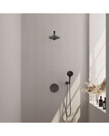 BRAUER Gunmetal Carving thermostatische inbouw regendouche 3-weg rond SET 79 met 20 cm douchekop en rechte muurarm en 3-standen handdouche en doucheslang en wandaansluitbocht gunmetal geborsteld PVD