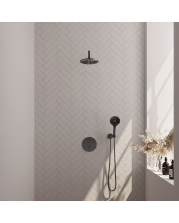 BRAUER Gunmetal Carving thermostatische inbouw regendouche 3-weg rond SET 81 met 20 cm douchekop en gebogen muurarm en 3-standen handdouche en doucheslang en wandaansluitbocht gunmetal geborsteld PVD
