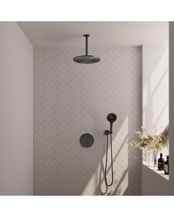 BRAUER Gunmetal Carving thermostatische inbouw regendouche 3-weg rond SET 84 met 30 cm douchekop en plafondarm en 3-standen handdouche en doucheslang en wandaansluitbocht gunmetal geborsteld PVD