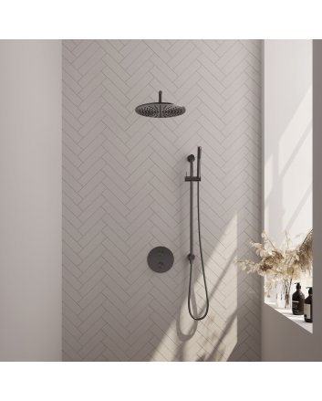 BRAUER Gunmetal Carving thermostatische inbouw regendouche 3-weg rond SET 88 met 30 cm douchekop en gebogen muurarm en staaf handdouche en doucheslang en geïntegreerde glijstang gunmetal geborsteld PVD
