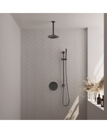 BRAUER Gunmetal Carving thermostatische inbouw regendouche 3-weg rond SET 89 met 20 cm douchekop en plafondarm en staaf handdouche en doucheslang en geïntegreerde glijstang gunmetal geborsteld PVD