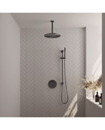 BRAUER Gunmetal Carving thermostatische inbouw regendouche 3-weg rond SET 90 met 30 cm douchekop en plafondarm en staaf handdouche en doucheslang en geïntegreerde glijstang gunmetal geborsteld PVD