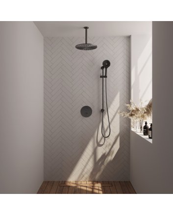 BRAUER Gunmetal Carving thermostatische inbouw regendouche 3-weg rond SET 96 met 30 cm douchekop en plafondarm en 3-standen handdouche en doucheslang en geïntegreerde glijstang gunmetal geborsteld PVD