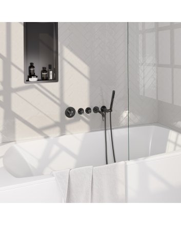 BRAUER Stripe thermostatische inbouw badkraan SET 01 met uitloop en staaf handdouche en doucheslang en wandaansluitbocht gunmetal geborsteld PVD