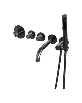 BRAUER Stripe thermostatische inbouw badkraan SET 01 met uitloop en staaf handdouche en doucheslang en wandaansluitbocht gunmetal geborsteld PVD