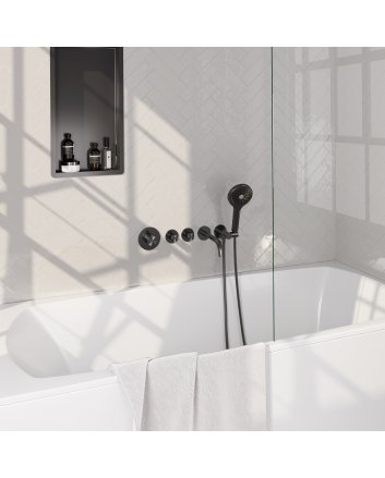 BRAUER Stripe thermostatische inbouw badkraan SET 02 met uitloop en 3-standen handdouche en doucheslang en wandaansluitbocht gunmetal geborsteld PVD
