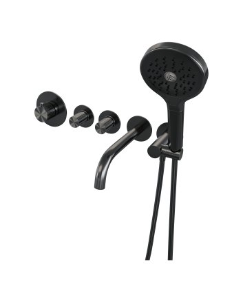 BRAUER Stripe thermostatische inbouw badkraan SET 02 met uitloop en 3-standen handdouche en doucheslang en wandaansluitbocht gunmetal geborsteld PVD