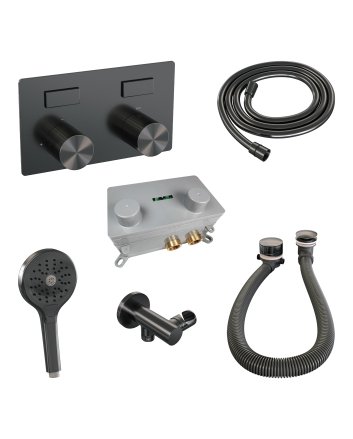 BRAUER Stripe thermostatische inbouw badkraan met drukknoppen SET 03 met badvulcombinatie en staaf handdouche en doucheslang en wandaansluitbocht gunmetal geborsteld PVD