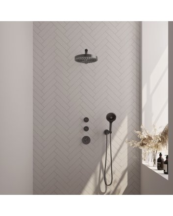 BRAUER Stripe thermostatische inbouw regendouche SET 04 met 25 cm douchekop en rechte muurarm en 3-standen handdouche en doucheslang en wandaansluitbocht gunmetal geborsteld PVD