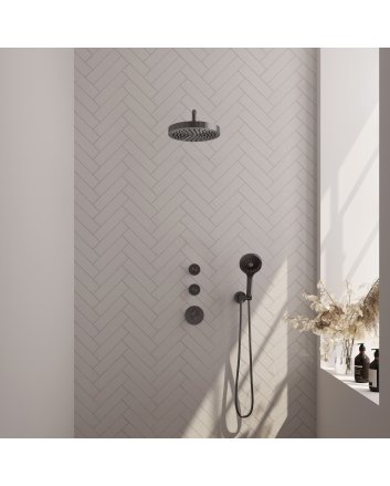 BRAUER Stripe thermostatische inbouw regendouche SET 05 met 25 cm douchekop en gebogen muurarm en 3-standen handdouche en doucheslang en wandaansluitbocht gunmetal geborsteld PVD