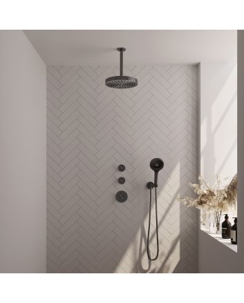 BRAUER Stripe thermostatische inbouw regendouche SET 06 met 25 cm douchekop en plafondarm en 3-standen handdouche en doucheslang en wandaansluitbocht gunmetal geborsteld PVD